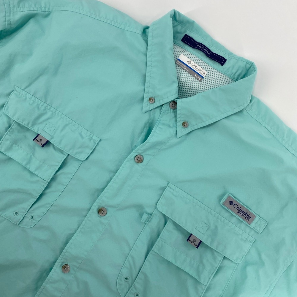 Columbia PFG Bahama II Fishing Shirt Mens XL Aqua Blue Teal Outdoors Utility UV